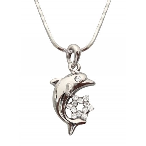 Rhodium Pendant Necklace - Dolphin with Gleaming Colored Star of David