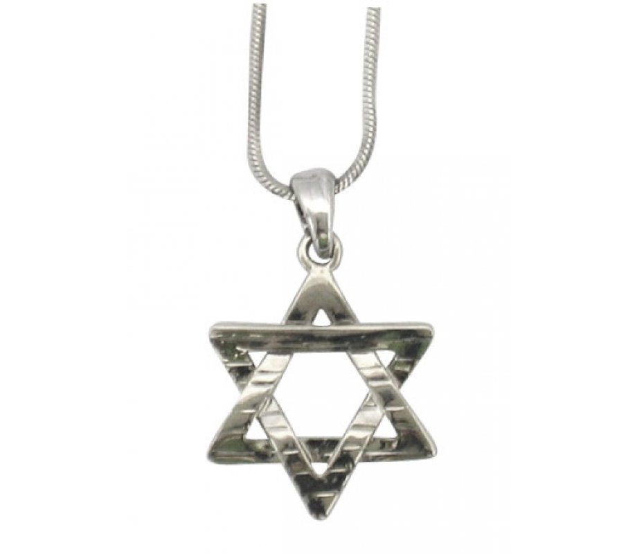 Rhodium Pendant Necklace - Hammered Star of David