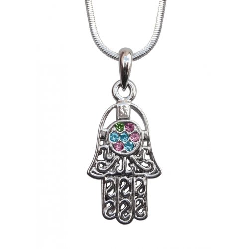 Rhodium Pendant Necklace - Hamsa with Colored Stones