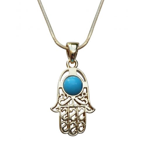 Rhodium Pendant Necklace, Filigree Hamsa with Blue Stone - Gold