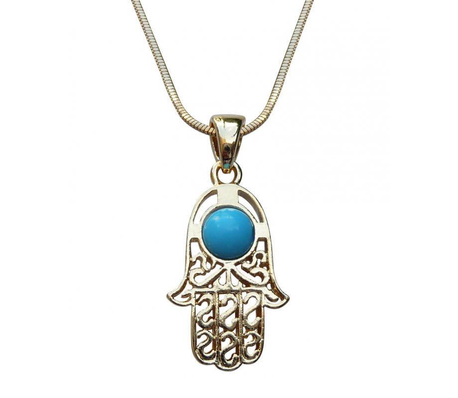 Rhodium Pendant Necklace, Filigree Hamsa with Blue Stone - Gold