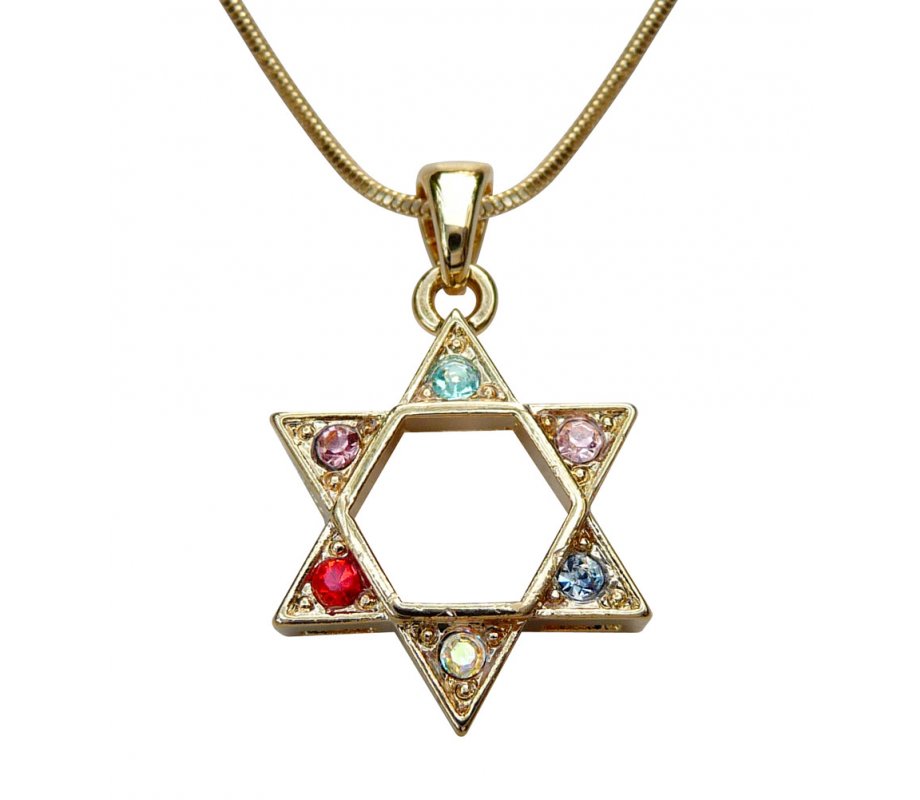 Rhodium Pendant Necklace, Gold Star of David with Colored Stones