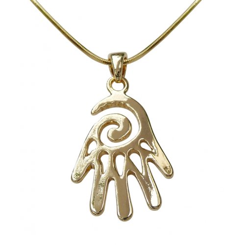 Rhodium Pendant Necklace, Open Hamsa Hand - Gold