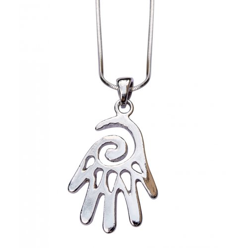 Rhodium Pendant Necklace, Open Hand Hamsa - Silver