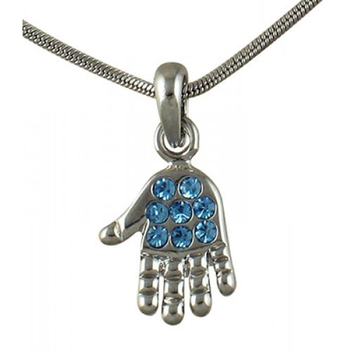 Rhodium Pendant Necklace, Open Palm Hamsa with Blue Stones