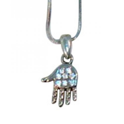 Rhodium Pendant Necklace, Open Palm Hamsa with White Stones