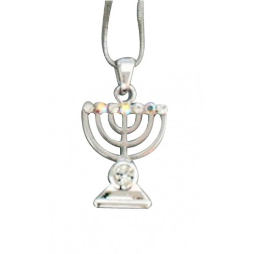 Rhodium Pendant Necklace, Seven Branch Menorah - Colored Stones