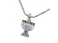 Rhodium Plated Pendant Necklace 7 Branch Menorah - Colored Stones