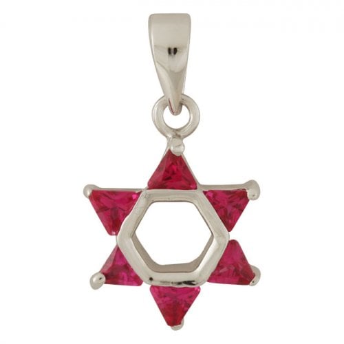 Rhodium Plated Red Stone Star of David Pendant