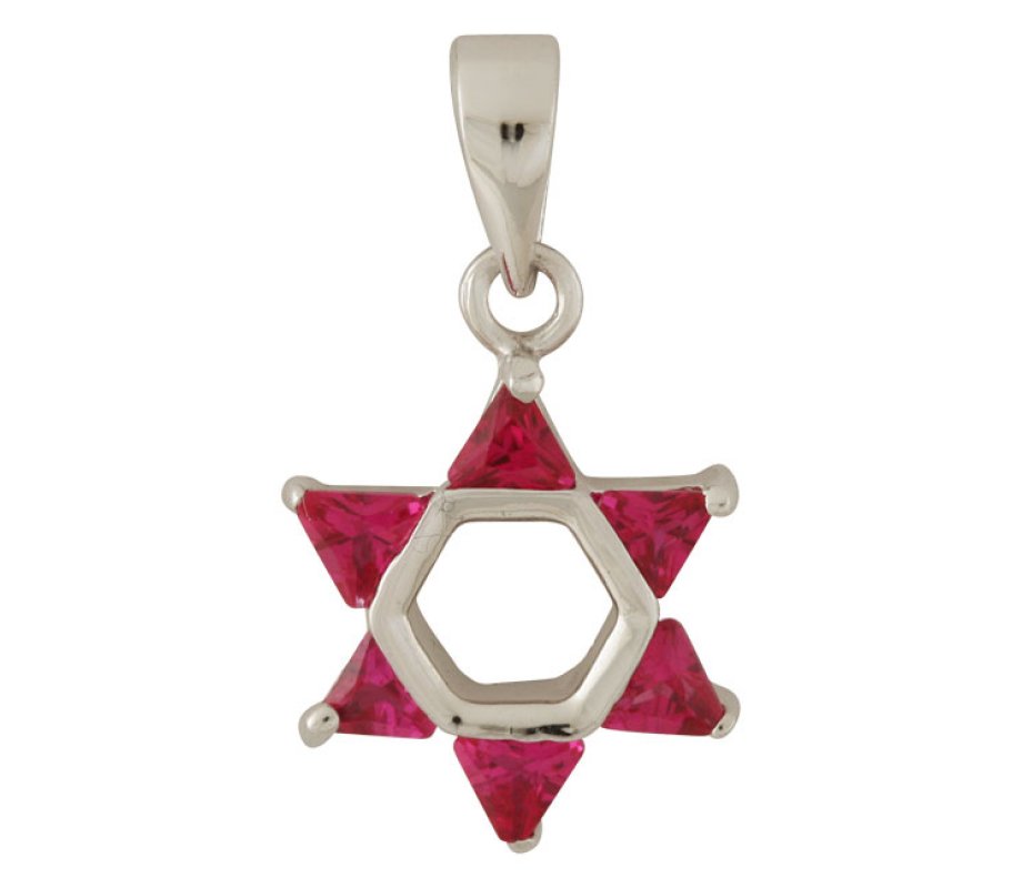 Rhodium Plated Red Stone Star of David Pendant