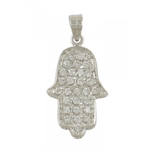 Rhodium Plated Zirconium Hamsa Pendant