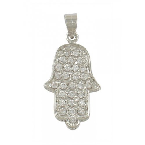 Rhodium Plated Zirconium Hamsa Pendant | aJudaica.com