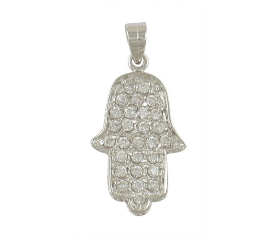 Rhodium Plated Zirconium Hamsa Pendant | aJudaica.com