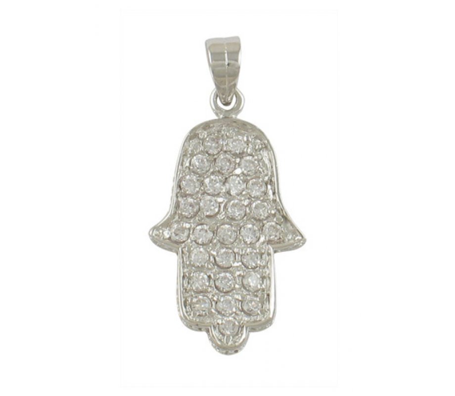 Rhodium Plated Zirconium Hamsa Pendant