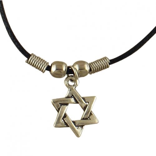 Rhodium Star of David and Decorative Beads on Black Rubber Necklace