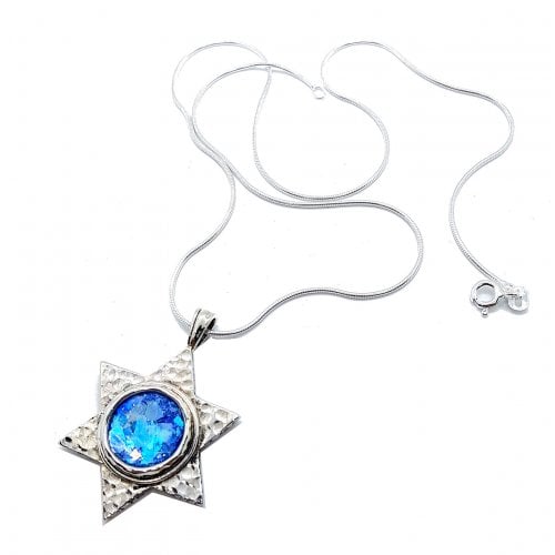 Roman Glass Hammered 925 Sterling Silver Necklace with Star of David