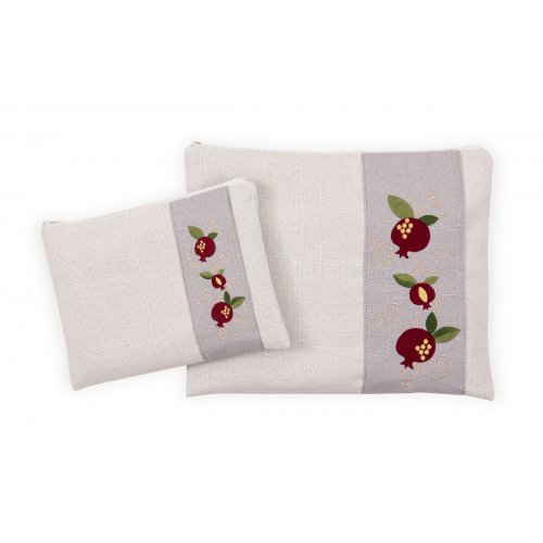 Ronit Gur Cream Tallit and Tefillin Bags Set, Embroidered Red Pomegranates on Green