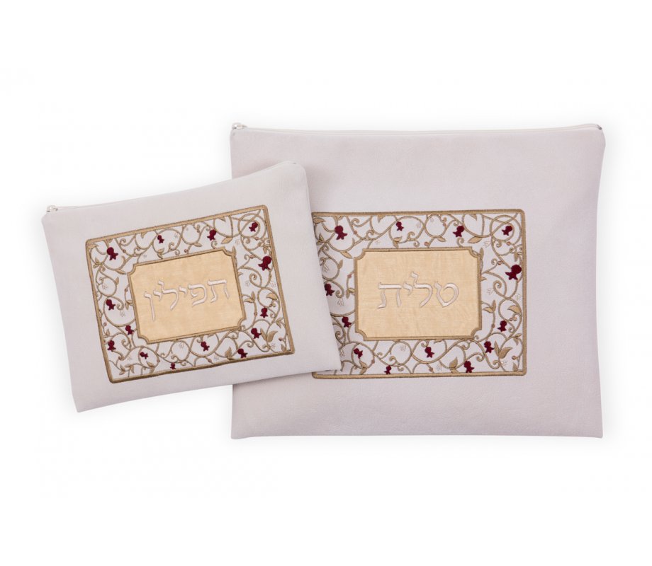 Ronit Gur Impala Tallit Bags Set Off-White, Red Pomegranates on Gold Trellis