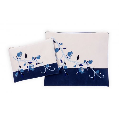 Ronit Gur Impala Tallit Bags Set, Off-White and Blue - Blue Pomegranates