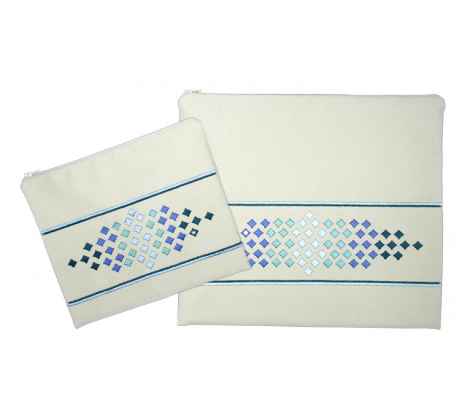 Ronit Gur Impala Tallit and Tefillin Bag Off-White - Embroidered Blue Diamonds