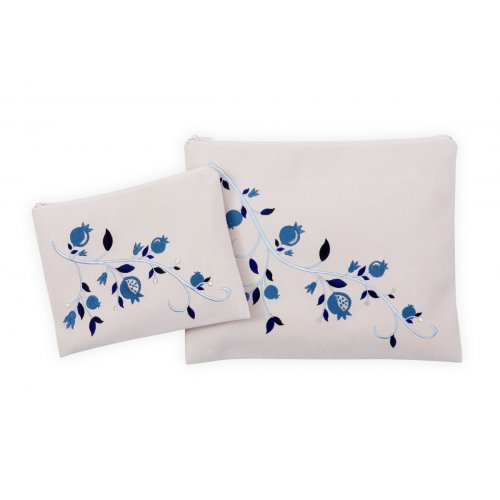 Ronit Gur Impala Tallit and Tefillin Bags Set, Embroidered Pomegranates - Blue