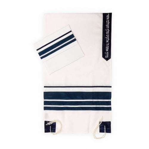 Ronit Gur Off-White Viscose Tallit Set, Dark Blue Stripes - With Kippah and Bag