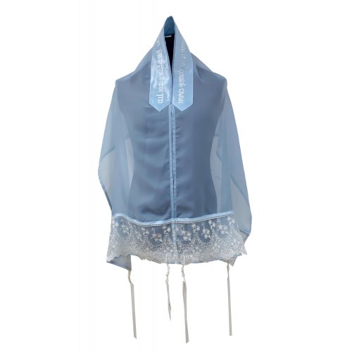 Ronit Gur Organza Tallit Prayer Shawl Set With Decorative Floral Panel - Blue