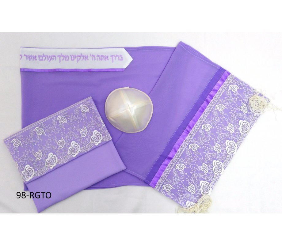 Ronit Gur Organza Tallit Prayer Shawl Set With Decorative Floral Panel - Purple