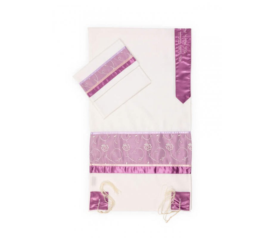 Ronit Gur Pink Flower Design Tallit Prayer Shawl Set With Bag and Kippah