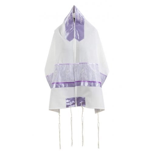 Ronit Gur Purple Insert Flower Design Tallit Prayer Shawl Set With Bag and Kippah