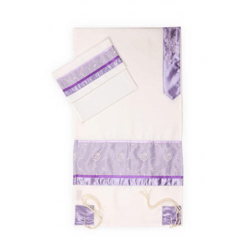 Ronit Gur Purple Insert Flower Design Tallit Prayer Shawl Set With Bag and Kippah