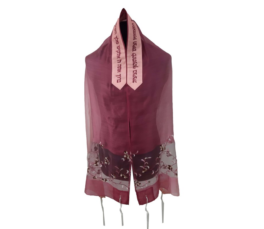 Ronit Gur Silk-Wool Tallit Prayer Shawl Set, Pink Apple Blossom Panel - Maroon