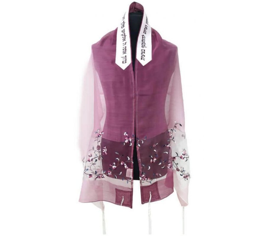 Ronit Gur Tallit Prayer Shawl Set, Deep Pink With Flower Design - Organza