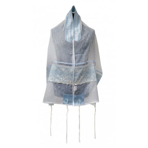 Ronit Gur Tallit Prayer Shawl Set, Organza with Blue Floral Lace Decoration