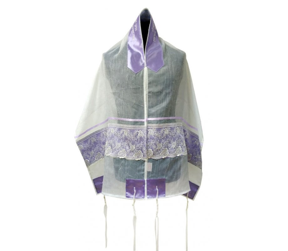Ronit Gur Tallit Prayer Shawl Set, Organza with Violet Floral Lace Decoration