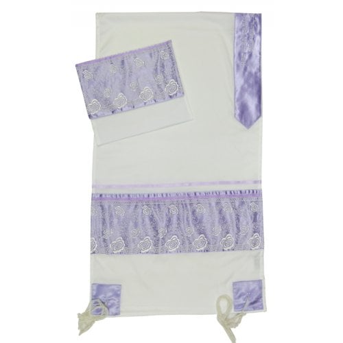 Ronit Gur Tallit Prayer Shawl Set, Purple Floral Band Decoration - Viscose