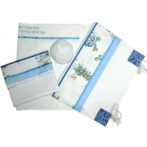 Ronit Gur Tallit Set, Off White with Blue and Green Floral Design - Viscose