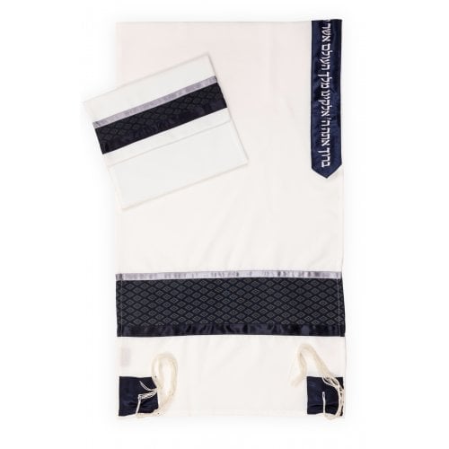 Ronit Gur Tallit Set with Silver Diamond Pattern on Blue Stripes