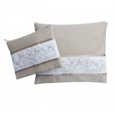 Ronit Gur Tallit and Tefillin Bag Set, Embroidered Jerusalem Design - Beige
