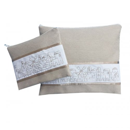 Ronit Gur Tallit and Tefillin Bag Set, Embroidered Jerusalem Design - Beige