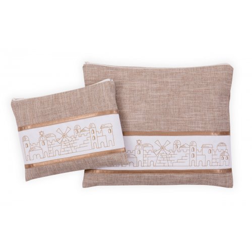 Ronit Gur Tallit and Tefillin Bag Set, Embroidered Jerusalem Design - Brown