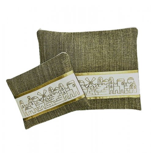 Ronit Gur Tallit and Tefillin Bag Set, Embroidered Jerusalem Design - Green
