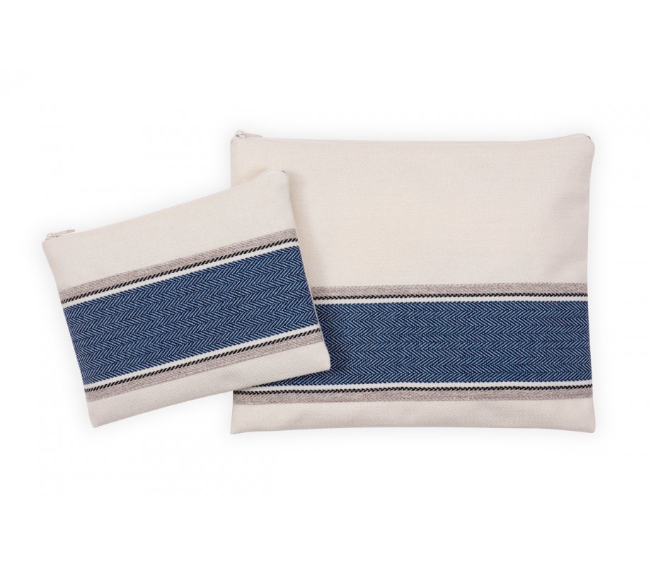 Ronit Gur Tallit and Tefillin Bags Set, Blue Herringbone on Off-White