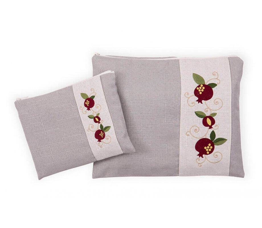 Ronit Gur Tallit and Tefillin Bags Set, Embroidered Red Pomegranates on Gray