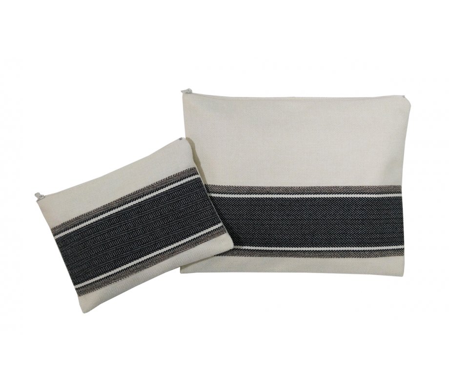Ronit Gur Tallit and Tefillin Bags Set, Gray Herringbone Stitch on Off-White