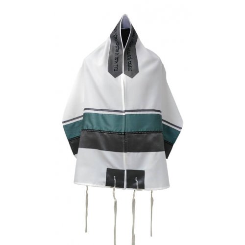 Ronit Gur White Tallit Set With Gray and Green Stripes