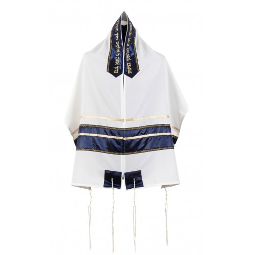 Ronit Gur White Tallit Set with Blue-Gold Stripes