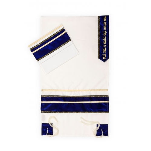 Ronit Gur White Tallit Set with Blue-Gold Stripes