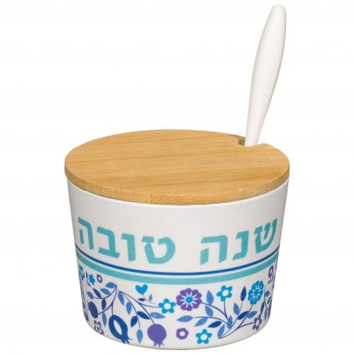 Rosh Hashanah Bamboo Honey Dish with Blue Pomegranate Design - Lid and Spoon