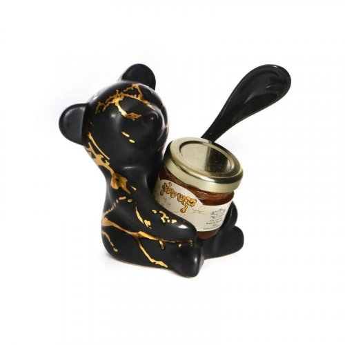 Rosh Hashanah Ceramic Honey Dish, Bear with Honey and Spoon - Black and Gold